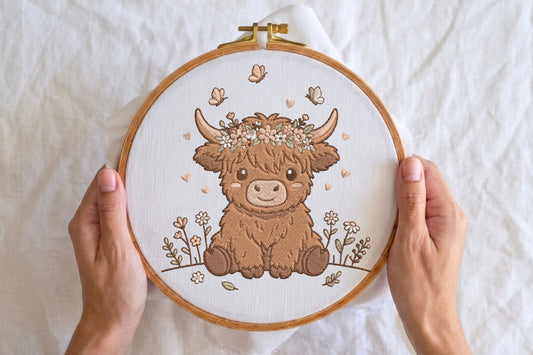 Cute Baby Highland Cow Embroidery Design – Adorable Highland Cow Machine Embroidery Pattern, Farm Animal Embroidery Design
