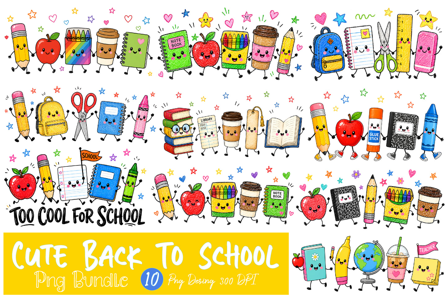 Cute Back to School PNG Bundle  Kawaii School Supplies Clipart