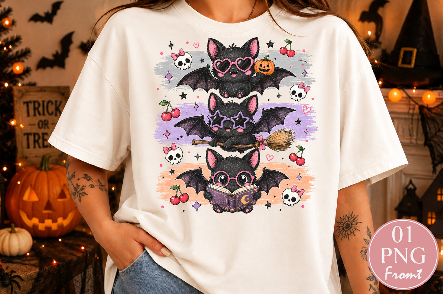 Cute Bat Halloween PNG Spooky Bats Cherry Skull Witch Sublimation Design
