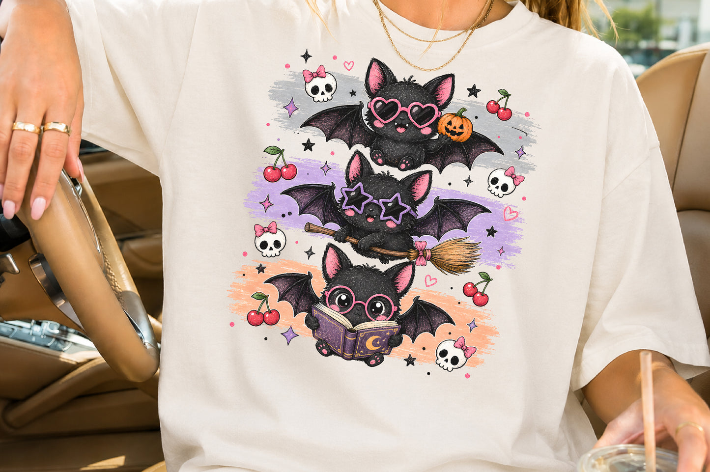 Cute Bat Halloween PNG Spooky Bats Cherry Skull Witch Sublimation Design