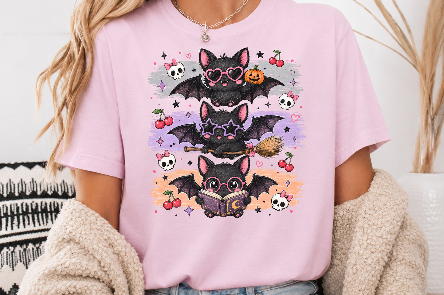 Cute Bat Halloween PNG Spooky Bats Cherry Skull Witch Sublimation Design