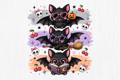 Cute Bat Halloween PNG Spooky Bats Cherry Skull Witch Sublimation Design
