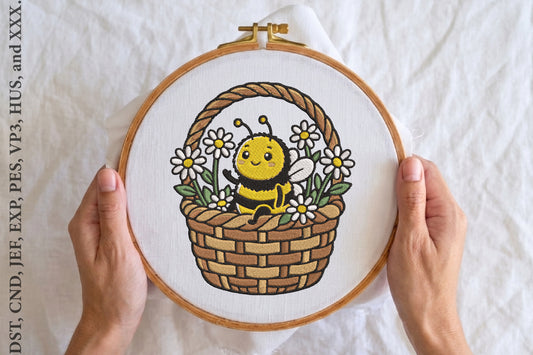Cute Bee Basket with Daisies Embroidery Design – Adorable Bee & Daisy Flower Machine Embroidery Pattern, Garden Floral Embroidery Design