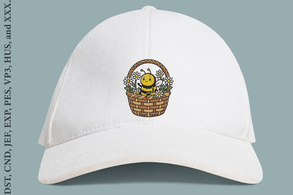 Cute Bee Basket with Daisies Embroidery Design – Adorable Bee & Daisy Flower Machine Embroidery Pattern, Garden Floral Embroidery Design