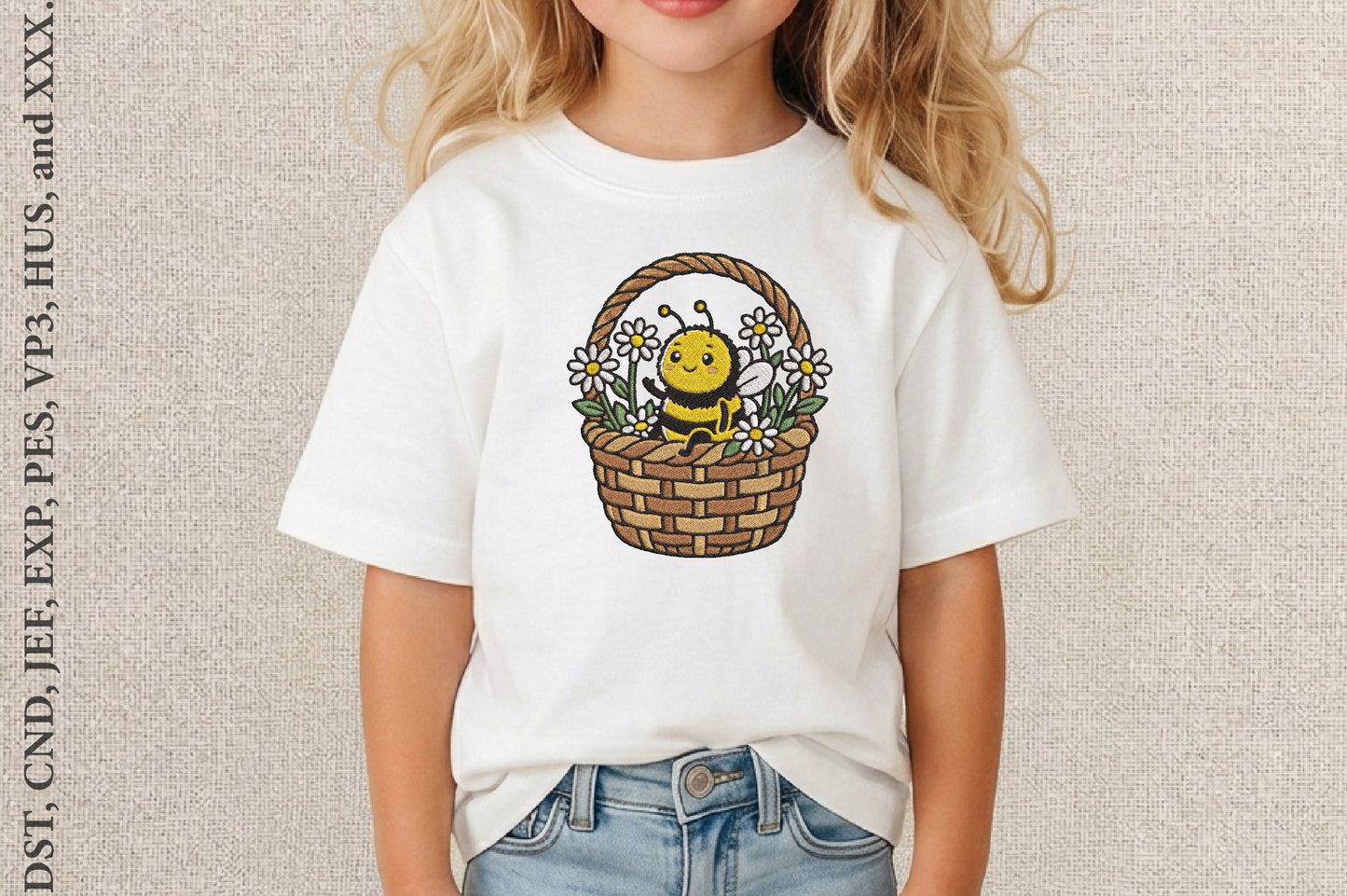 Cute Bee Basket with Daisies Embroidery Design – Adorable Bee & Daisy Flower Machine Embroidery Pattern, Garden Floral Embroidery Design