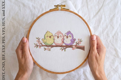 Cute Colorful Birds Embroidery Design – Adorable Bird Machine Embroidery Pattern, Bright Nature & Bird Embroidery Design