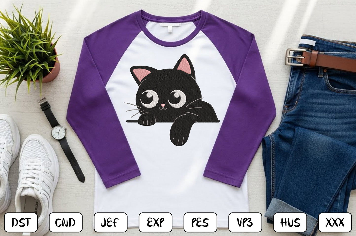 Cute Black Cat Embroidery Design – Adorable Halloween Kitty Machine Embroidery Pattern, Spooky Black Cat Embroidery Design