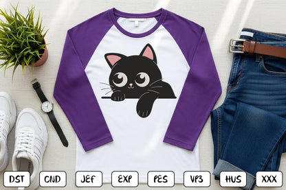 Cute Black Cat Embroidery Design – Adorable Halloween Kitty Machine Embroidery Pattern, Spooky Black Cat Embroidery Design