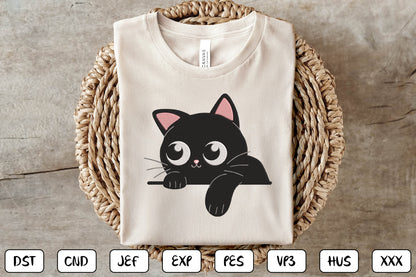 Cute Black Cat Embroidery Design – Adorable Halloween Kitty Machine Embroidery Pattern, Spooky Black Cat Embroidery Design