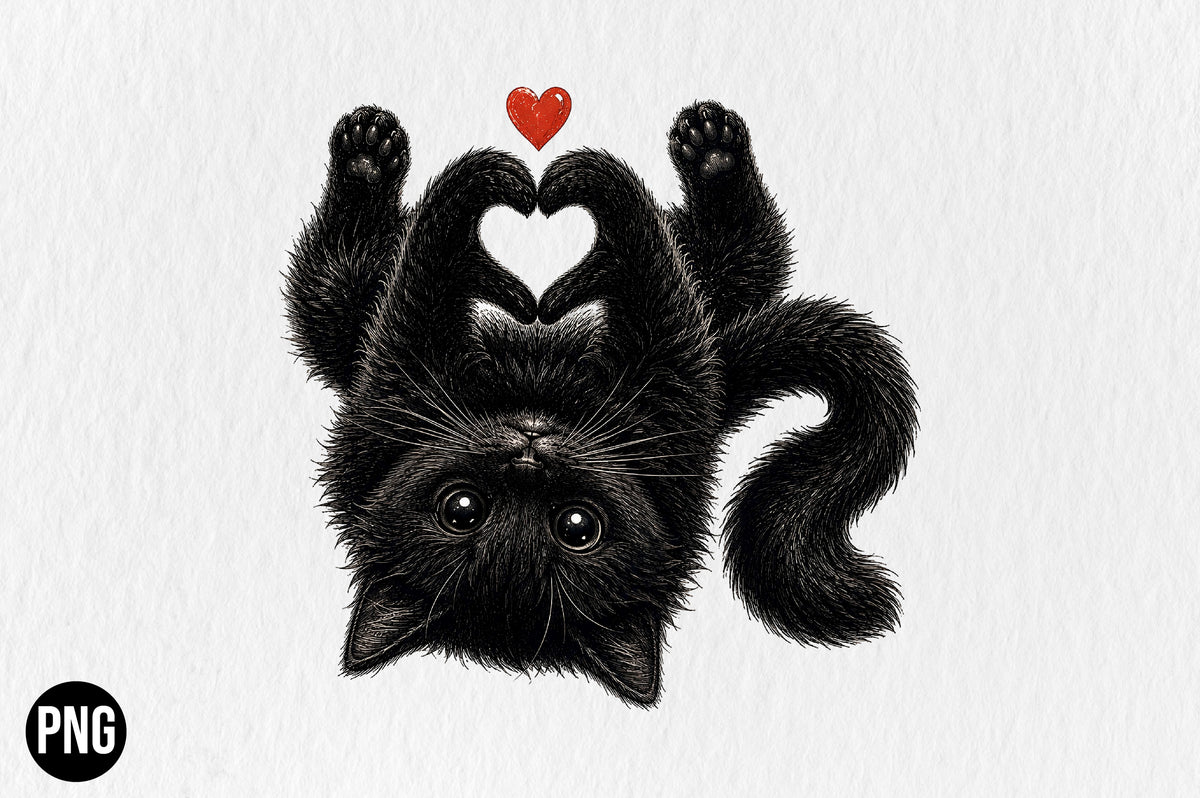 Cute Black Cat Heart Paws PNG