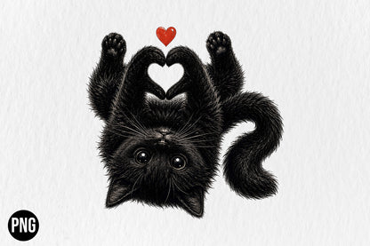 Cute Black Cat Heart Paws PNG