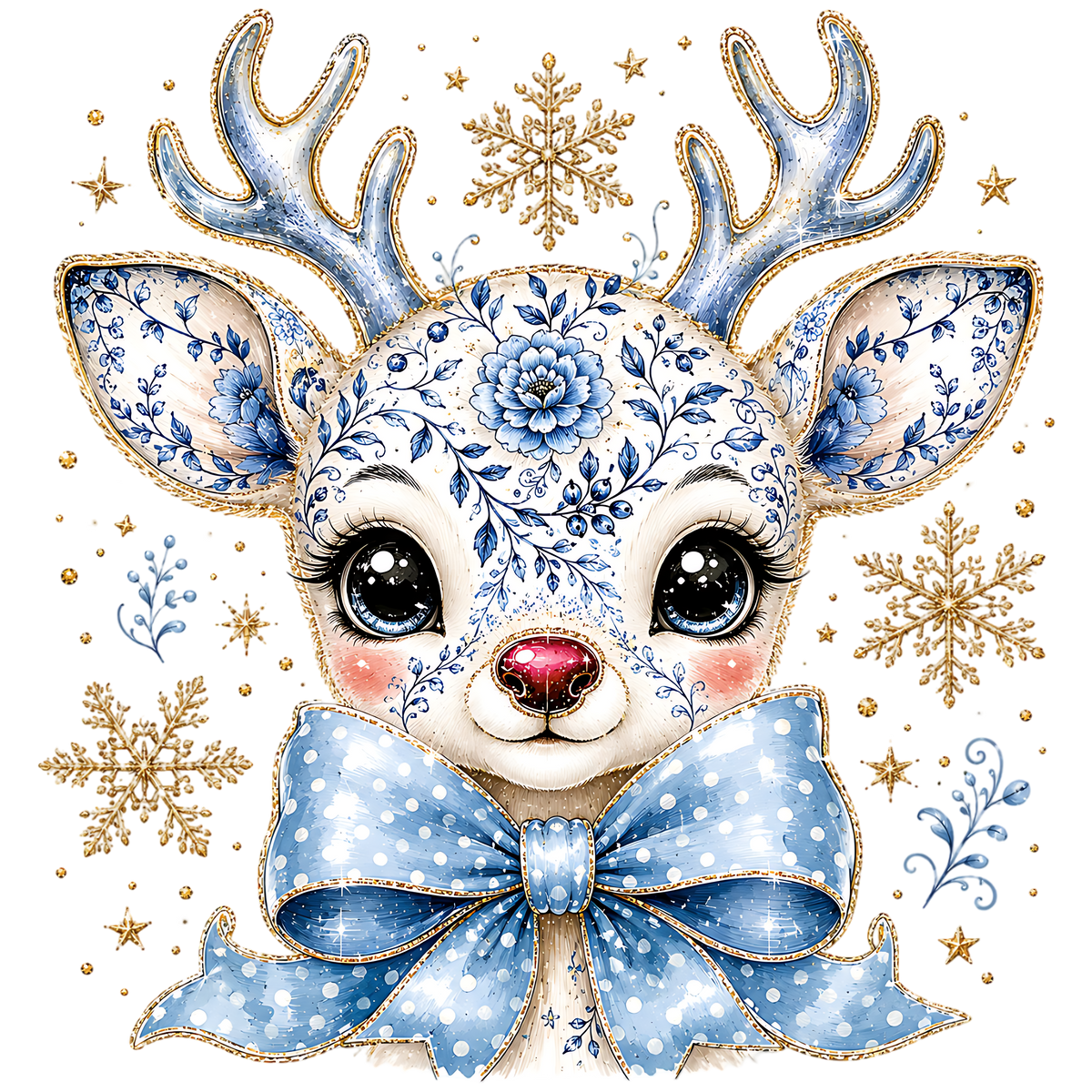 Cute Blue Floral Reindeer Christmas PNG