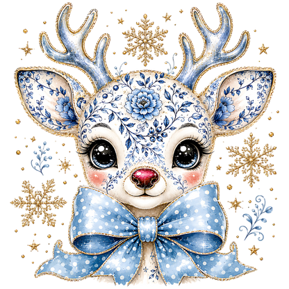 Cute Blue Floral Reindeer Christmas PNG