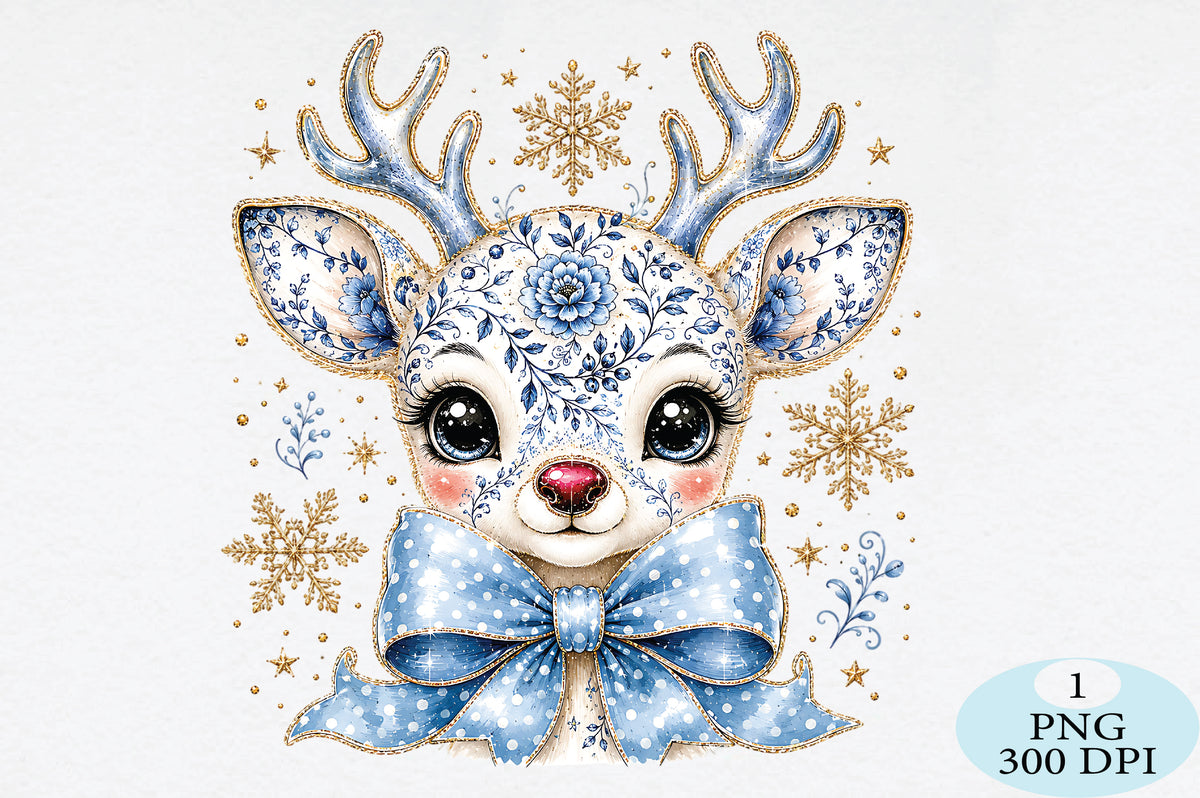 Cute Blue Floral Reindeer Christmas PNG