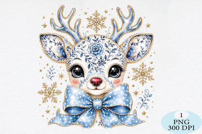 Cute Blue Floral Reindeer Christmas PNG