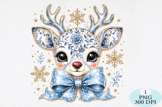 Cute Blue Floral Reindeer Christmas PNG
