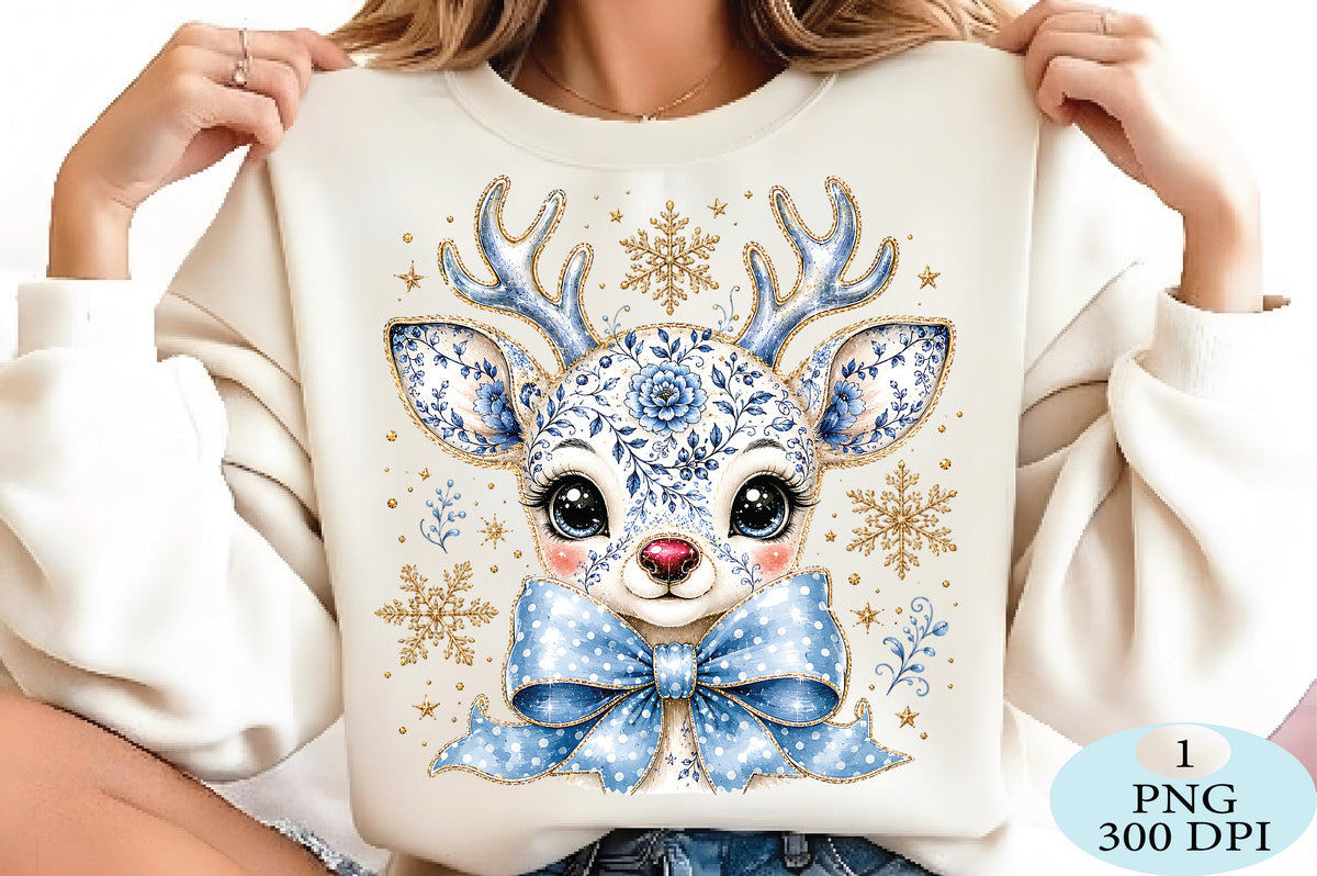 Cute Blue Floral Reindeer Christmas PNG