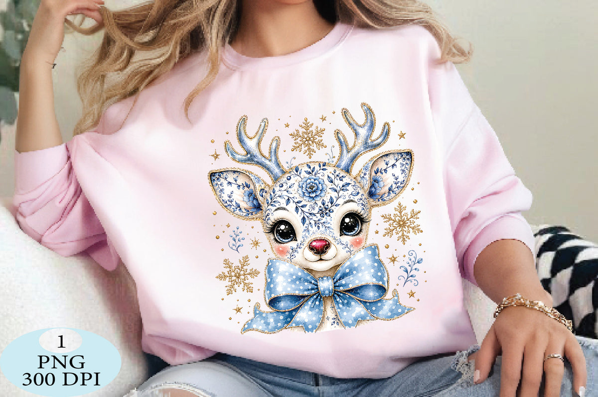 Cute Blue Floral Reindeer Christmas PNG