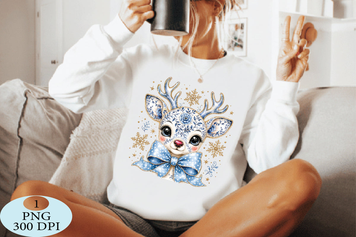 Cute Blue Floral Reindeer Christmas PNG