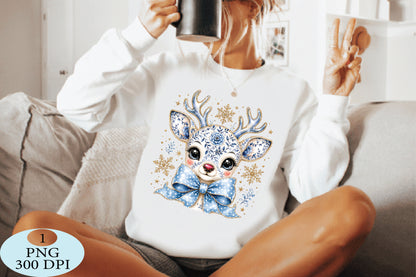 Cute Blue Floral Reindeer Christmas PNG