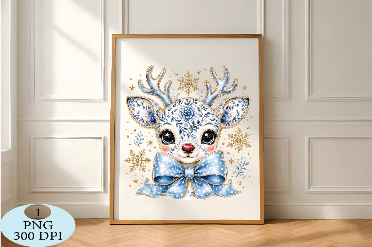 Cute Blue Floral Reindeer Christmas PNG