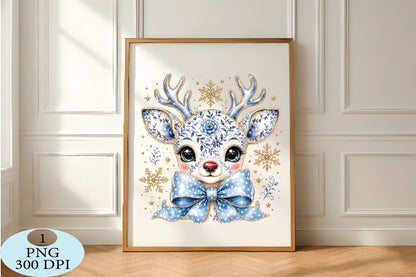 Cute Blue Floral Reindeer Christmas PNG