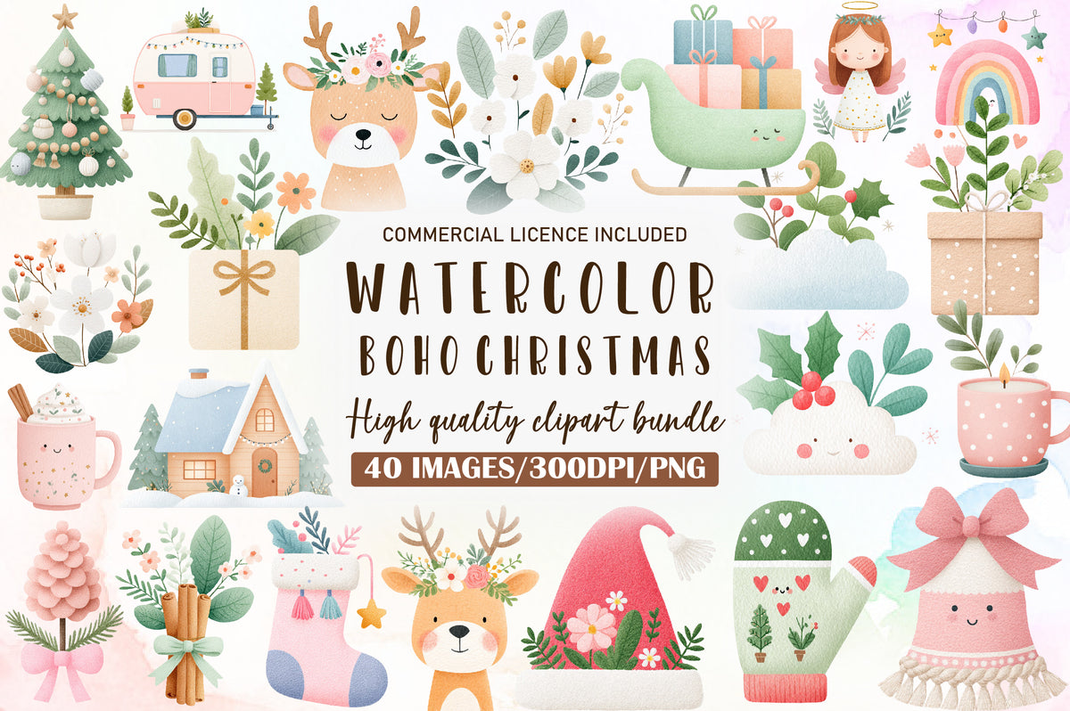 Cute Boho Christmas Watercolor Clipart PNG Bundle