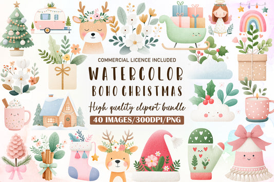 Cute Boho Christmas Watercolor Clipart PNG Bundle