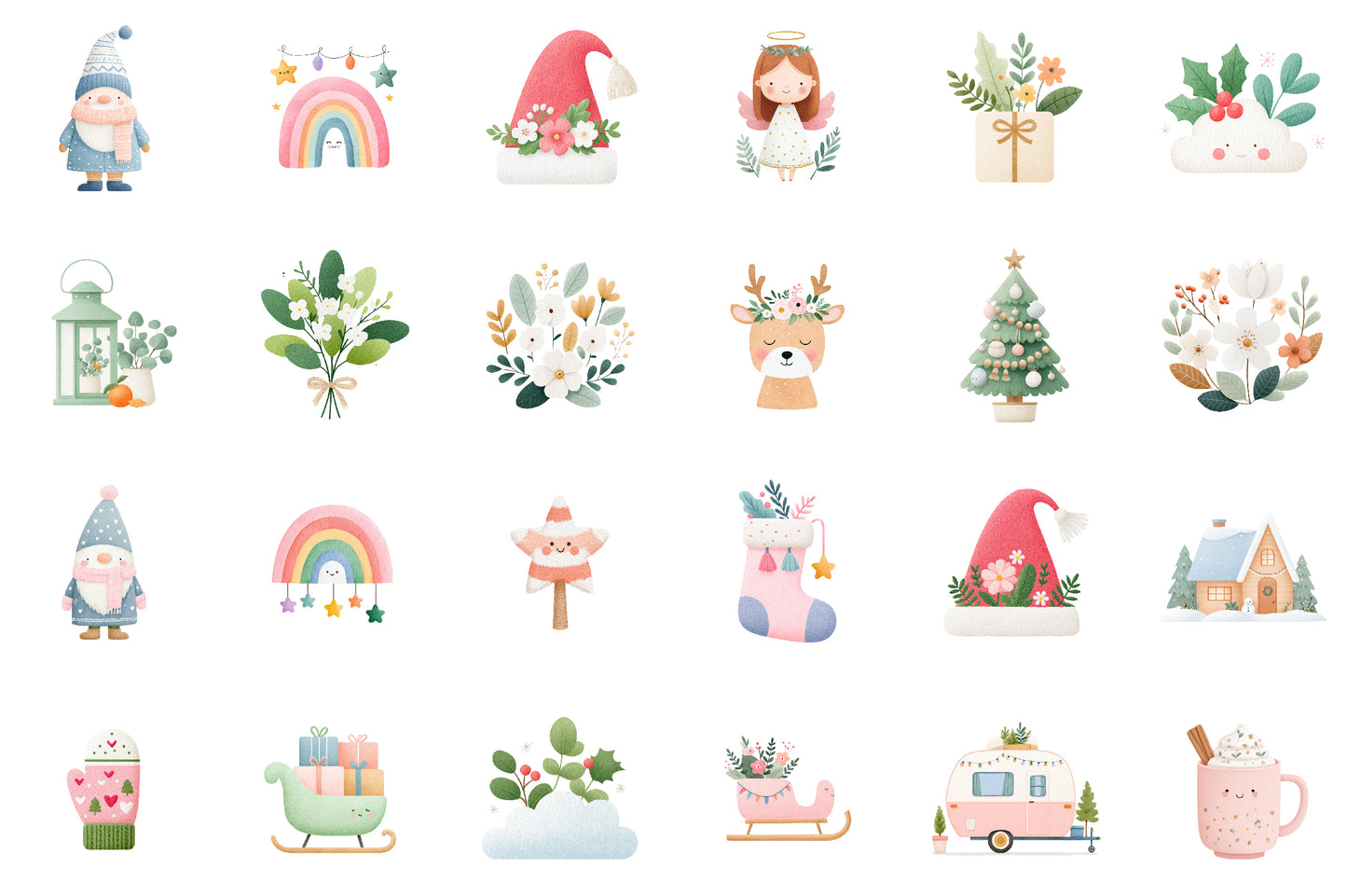 Cute Boho Christmas Watercolor Clipart PNG Bundle