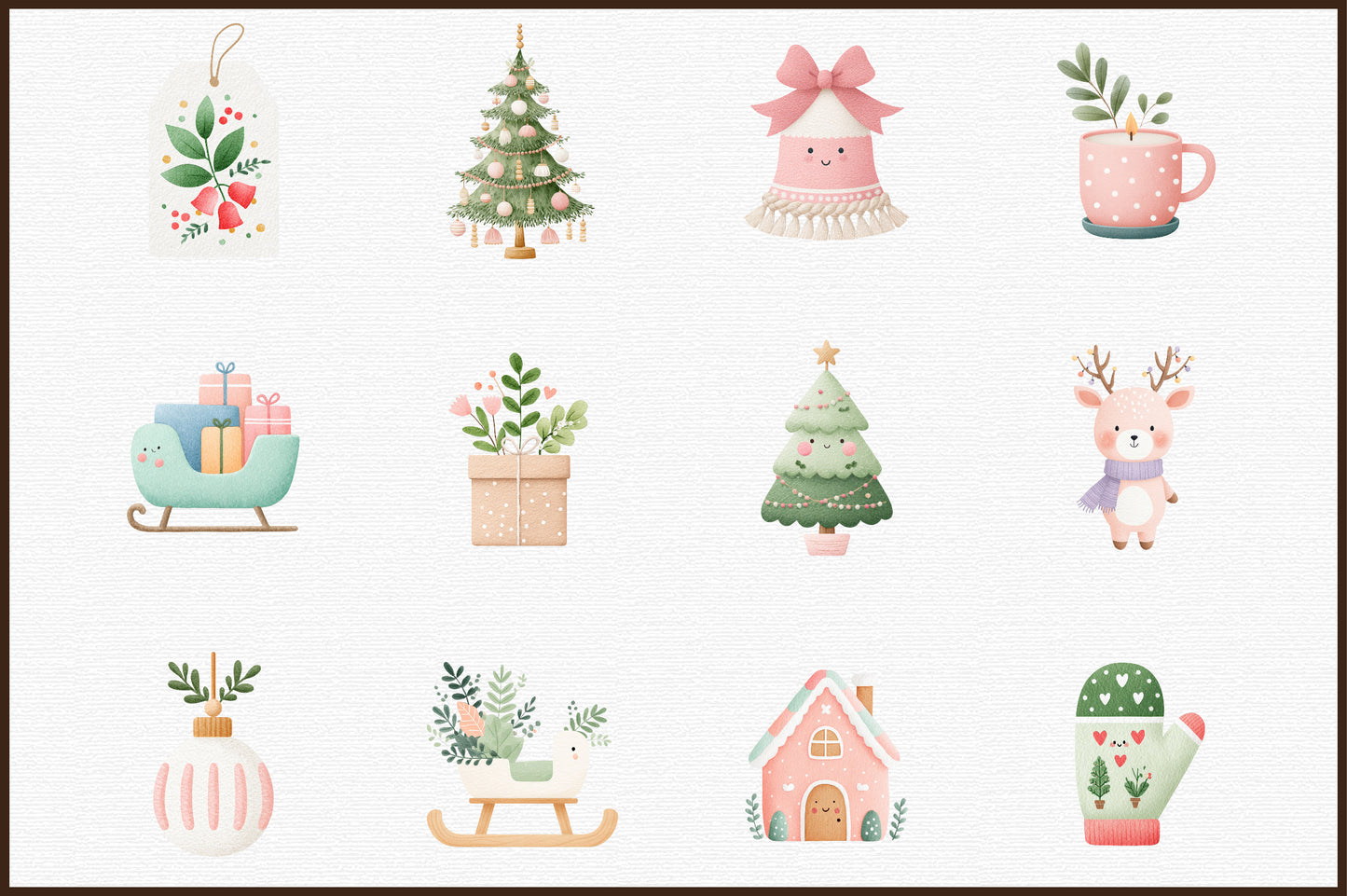 Cute Boho Christmas Watercolor Clipart PNG Bundle