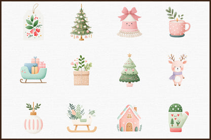 Cute Boho Christmas Watercolor Clipart PNG Bundle