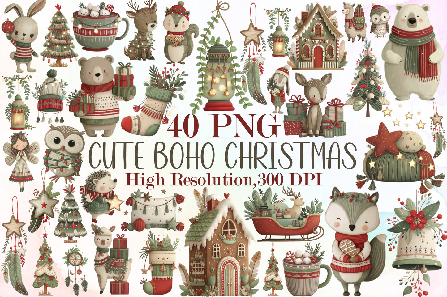 Cute Boho Christmas Watercolor Clipart PNG Bundle Commercial Use