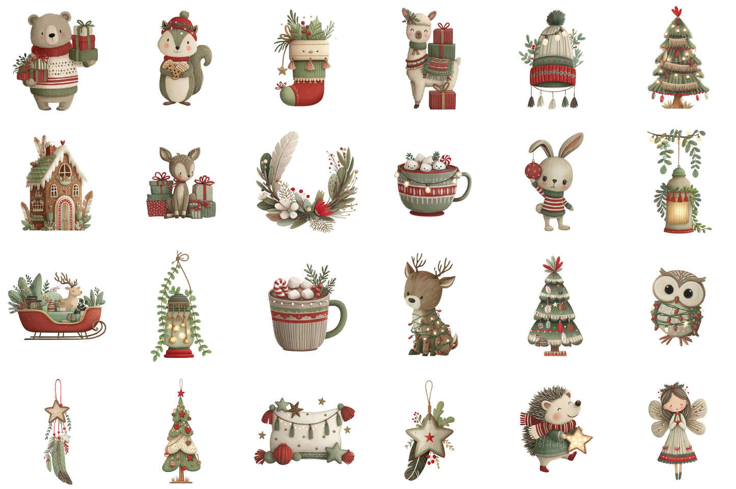 Cute Boho Christmas Watercolor Clipart PNG Bundle Commercial Use