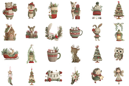 Cute Boho Christmas Watercolor Clipart PNG Bundle Commercial Use