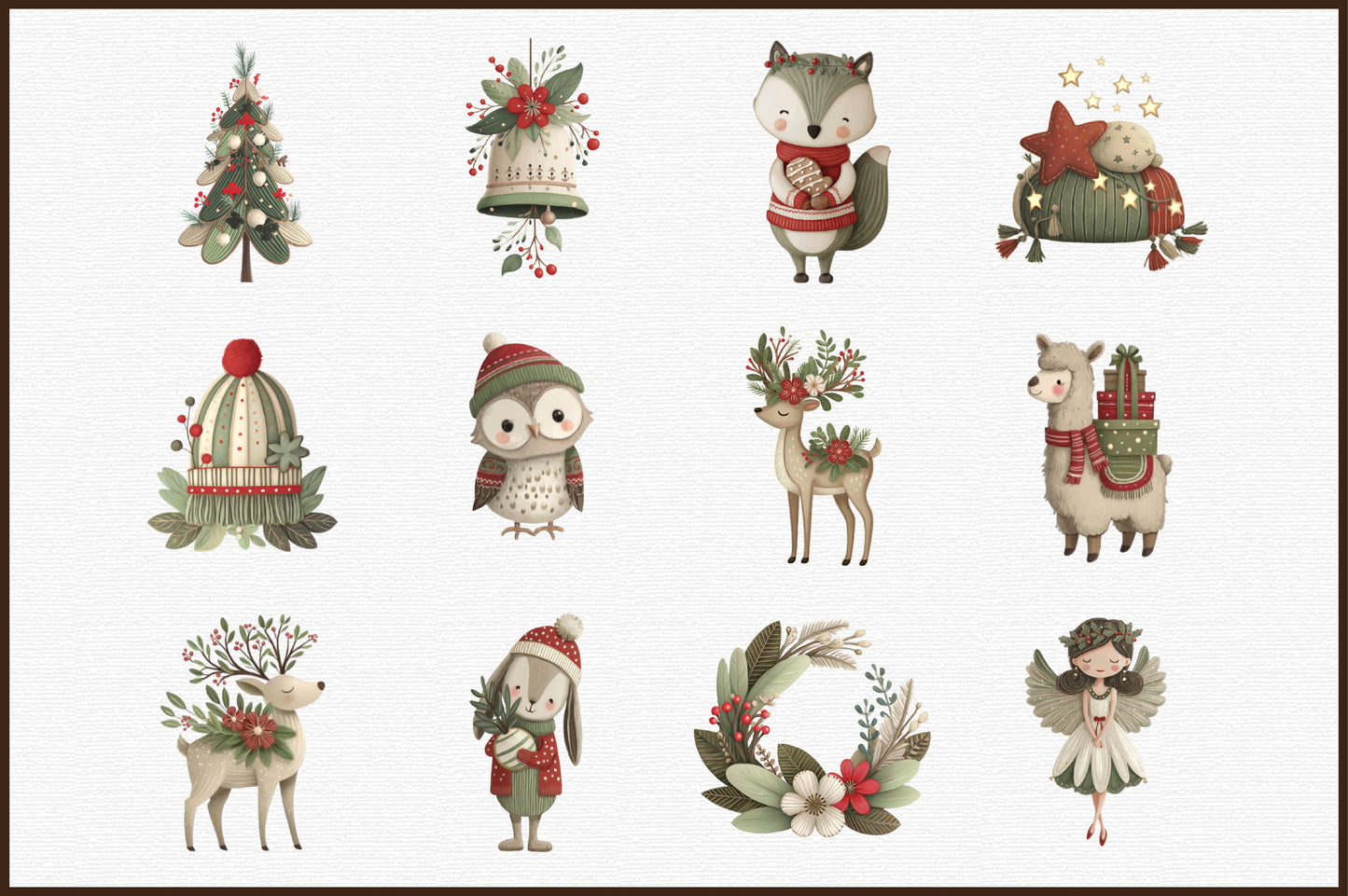 Cute Boho Christmas Watercolor Clipart PNG Bundle Commercial Use
