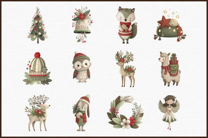 Cute Boho Christmas Watercolor Clipart PNG Bundle Commercial Use