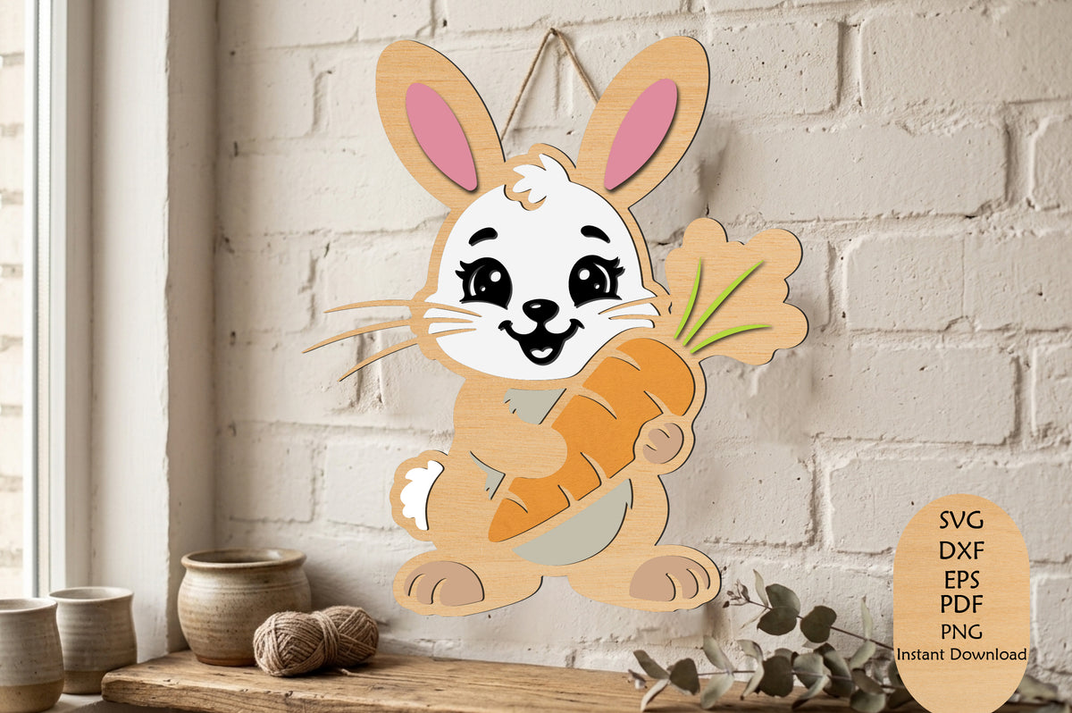 Cute Bunny Carrot Laser Cut SVG, Easter Rabbit Bunny Wood Craft Cut File