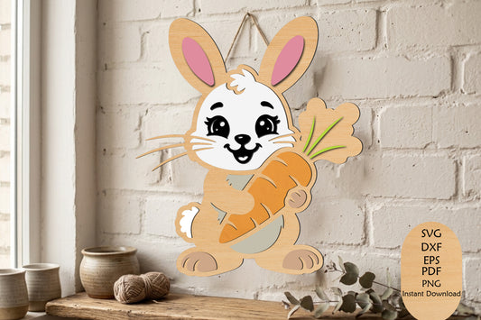Cute Bunny Carrot Laser Cut SVG, Easter Rabbit Bunny Wood Craft Cut File