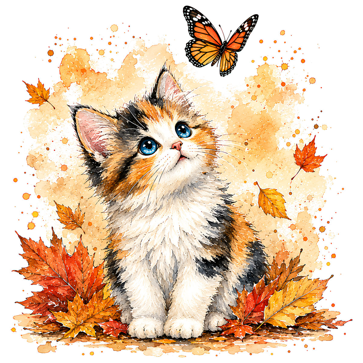 Cute Calico Kitten Autumn Butterfly PNG