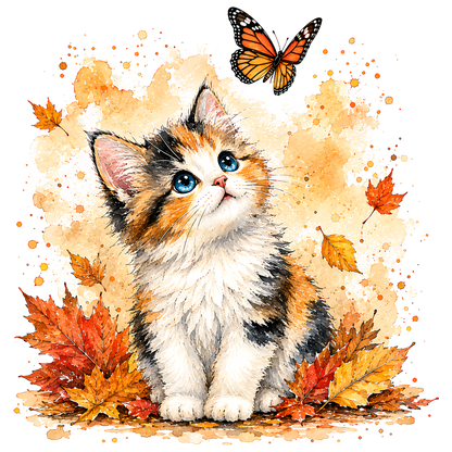 Cute Calico Kitten Autumn Butterfly PNG