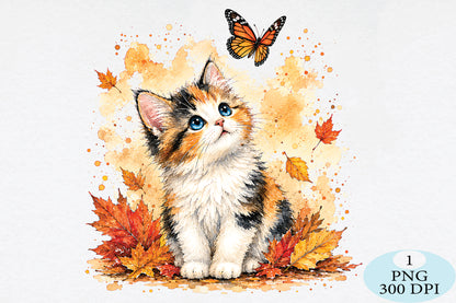 Cute Calico Kitten Autumn Butterfly PNG