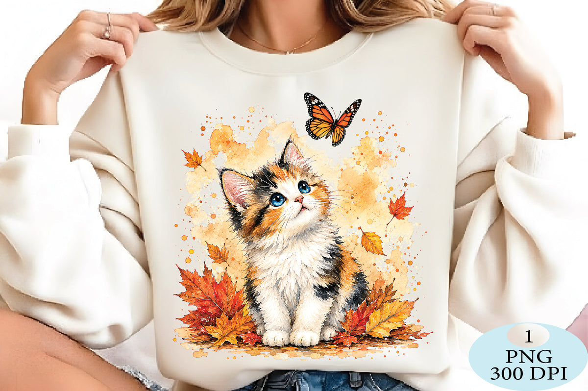 Cute Calico Kitten Autumn Butterfly PNG