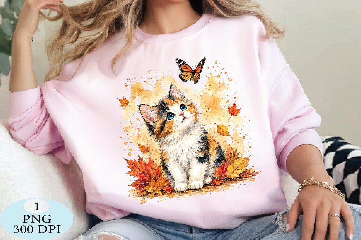 Cute Calico Kitten Autumn Butterfly PNG