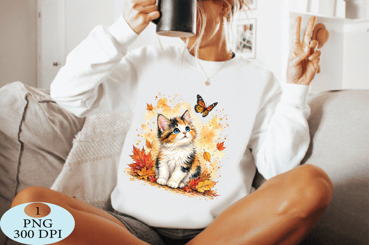 Cute Calico Kitten Autumn Butterfly PNG