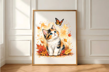 Cute Calico Kitten Autumn Butterfly PNG