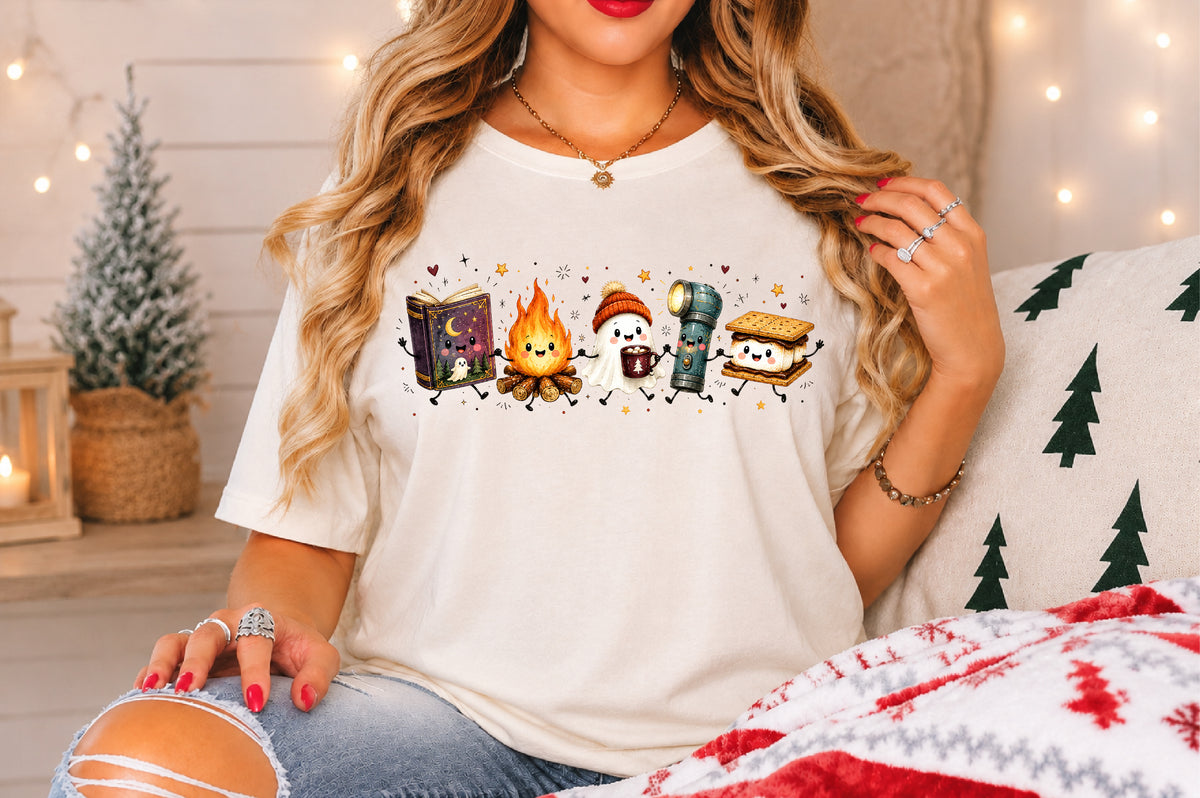Cute Camping Ghost Halloween PNG Campfire Lantern S'mores Spooky Sublimation