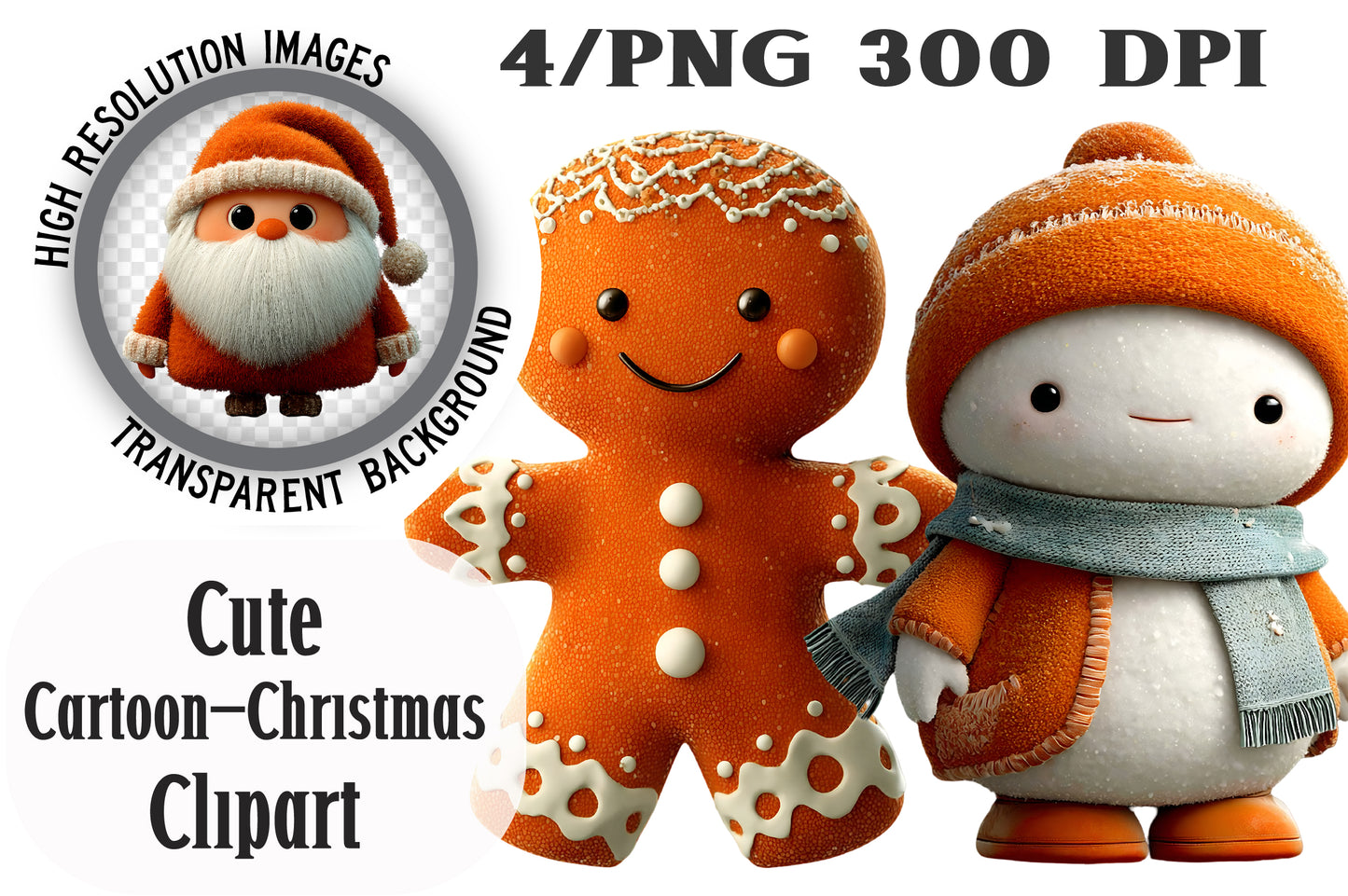 Cute Cartoon Christmas Clipart PNG Bundle | Adorable Watercolor Holiday Cartoon Clipart