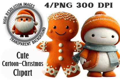 Cute Cartoon Christmas Clipart PNG Bundle | Adorable Watercolor Holiday Cartoon Clipart
