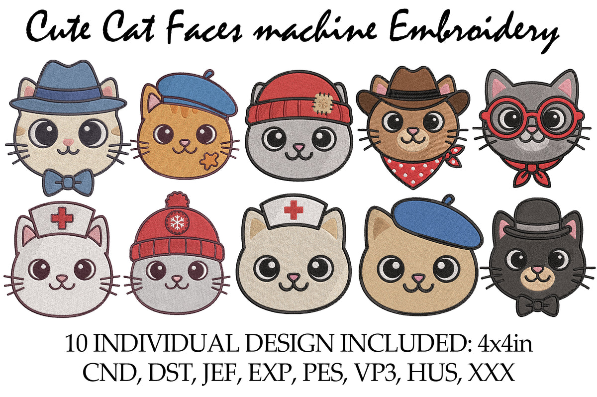 Cute Cat Faces Embroidery Bundle