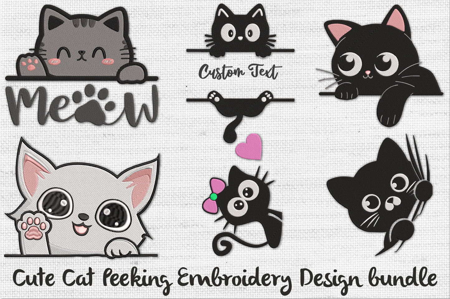 Cute Cat Peeking Embroidery Design Bundle – Adorable Kitty Machine Embroidery Patterns, Playful Cat Embroidery